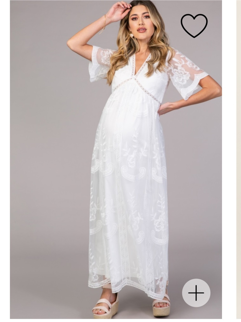 Pinkblush maternity white lace mesh overlay maxi dress flutter sleeves EUC